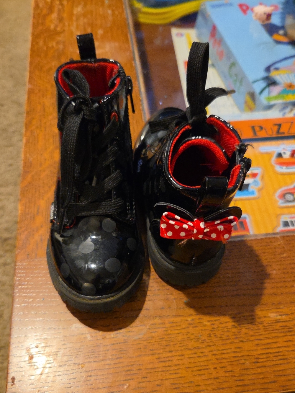 Disney Minnie Black Patent Kids Boots with Red Polka Dot Bow Accent